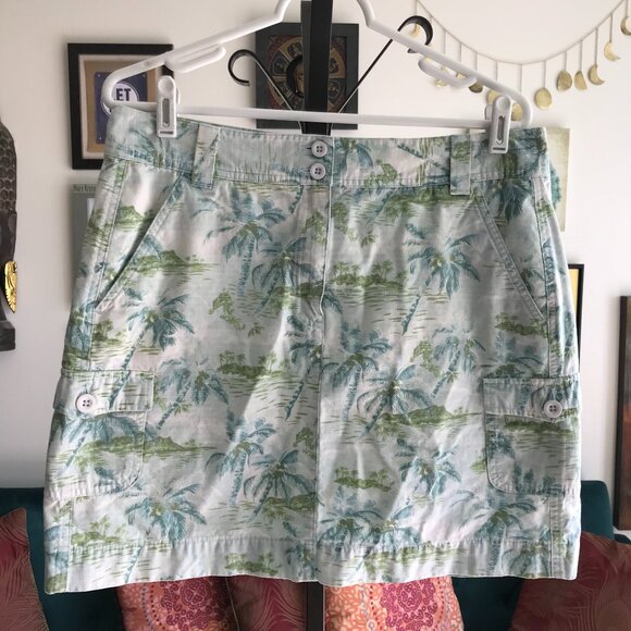 LL BEAN size 14P Blue & Green Tropical Palm Tree Print Twill Cargo Skirt - Picture 1 of 4